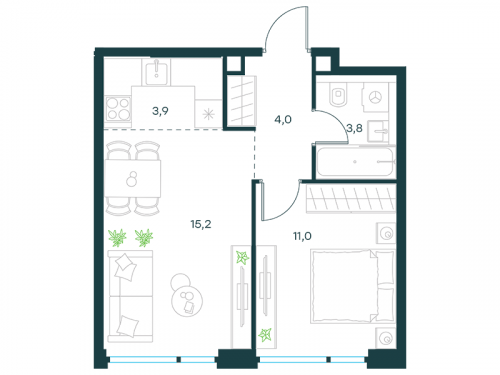 2-комнатная, квартира, 37.9 м²