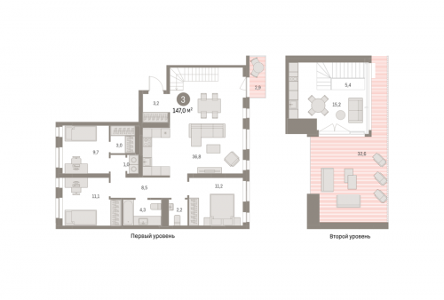 3-комнатная, 146.97 м²