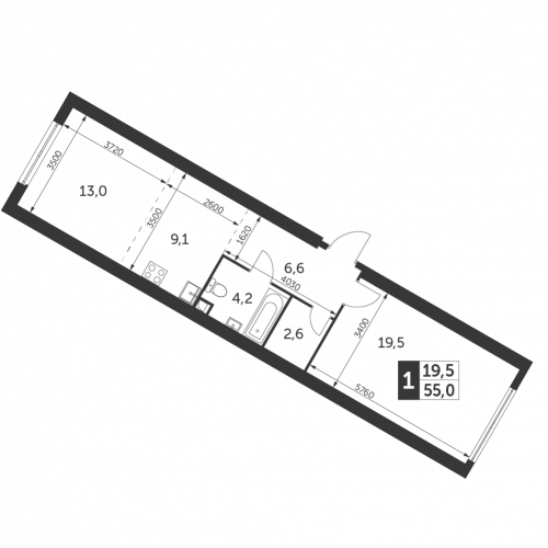 1-комнатная, квартира, 55 м²