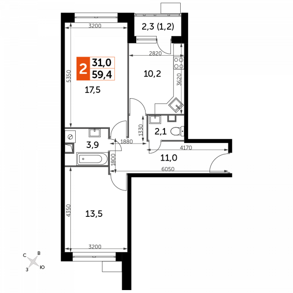 2 комнаты до 59.4