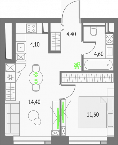 1-комнатная, квартира, 39.1 м²
