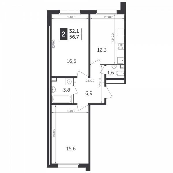2 комнаты до 56.6