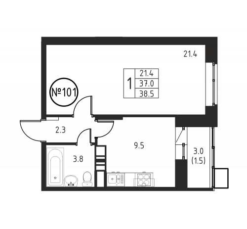1-комнатная, квартира, 38.5 м²