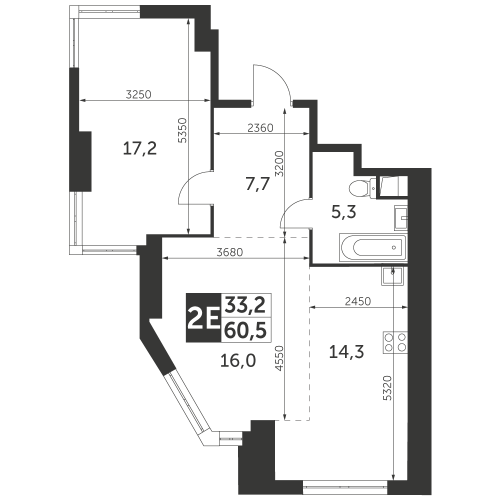 2-комнатная, квартира, 60.5 м²