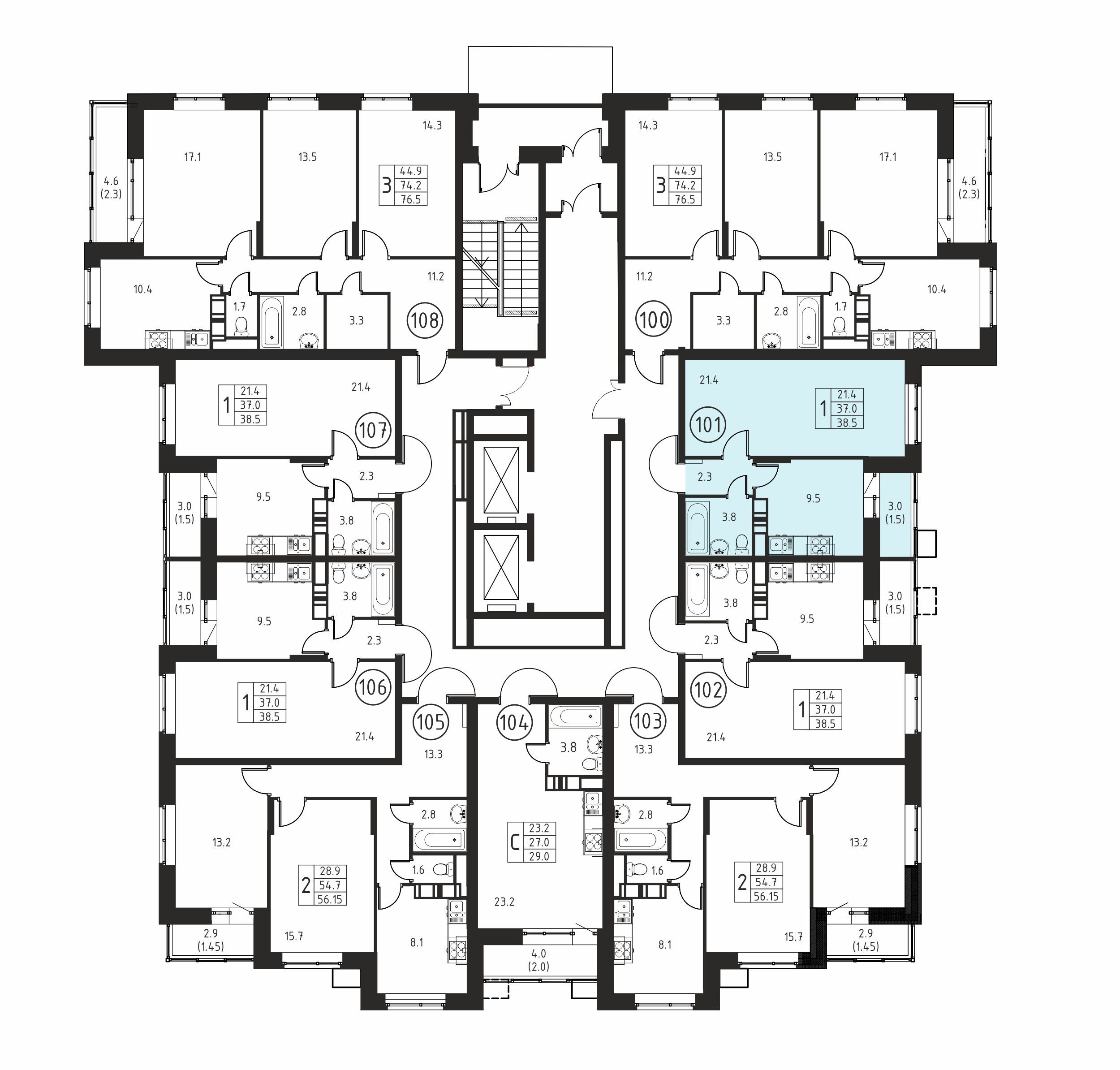 1-комнатная квартира №101, 38,5 м² за 6,39 млн руб. в ЖК «Космос» - планировка