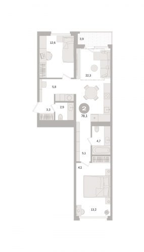 2-комнатная, квартира, 78.1 м²