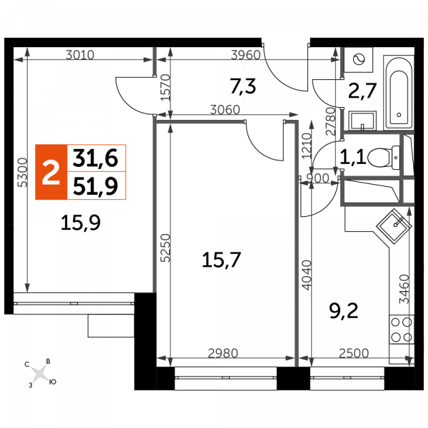 2 комнаты до 51.9
