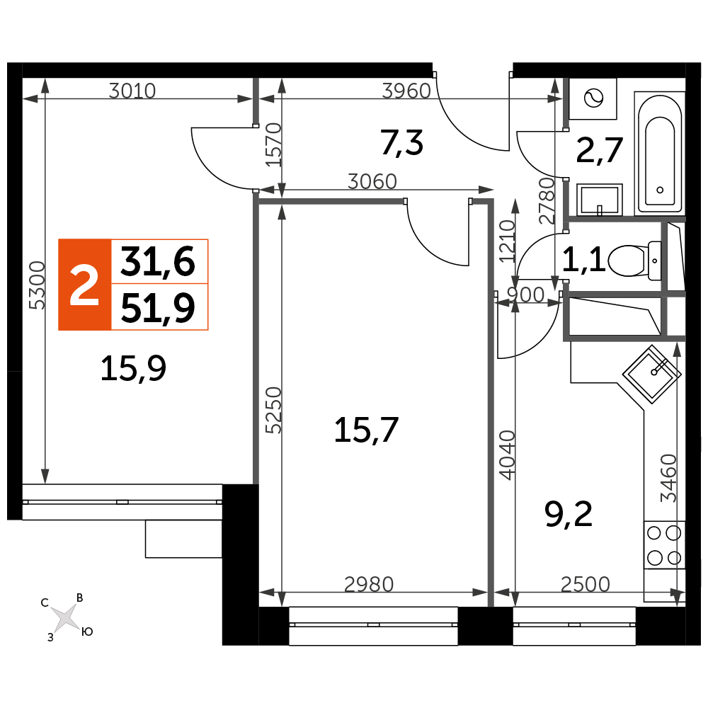 2-комнатная квартира №1294, 51,9 м² за 12,79 млн руб. в ЖК «Датский квартал» - планировка