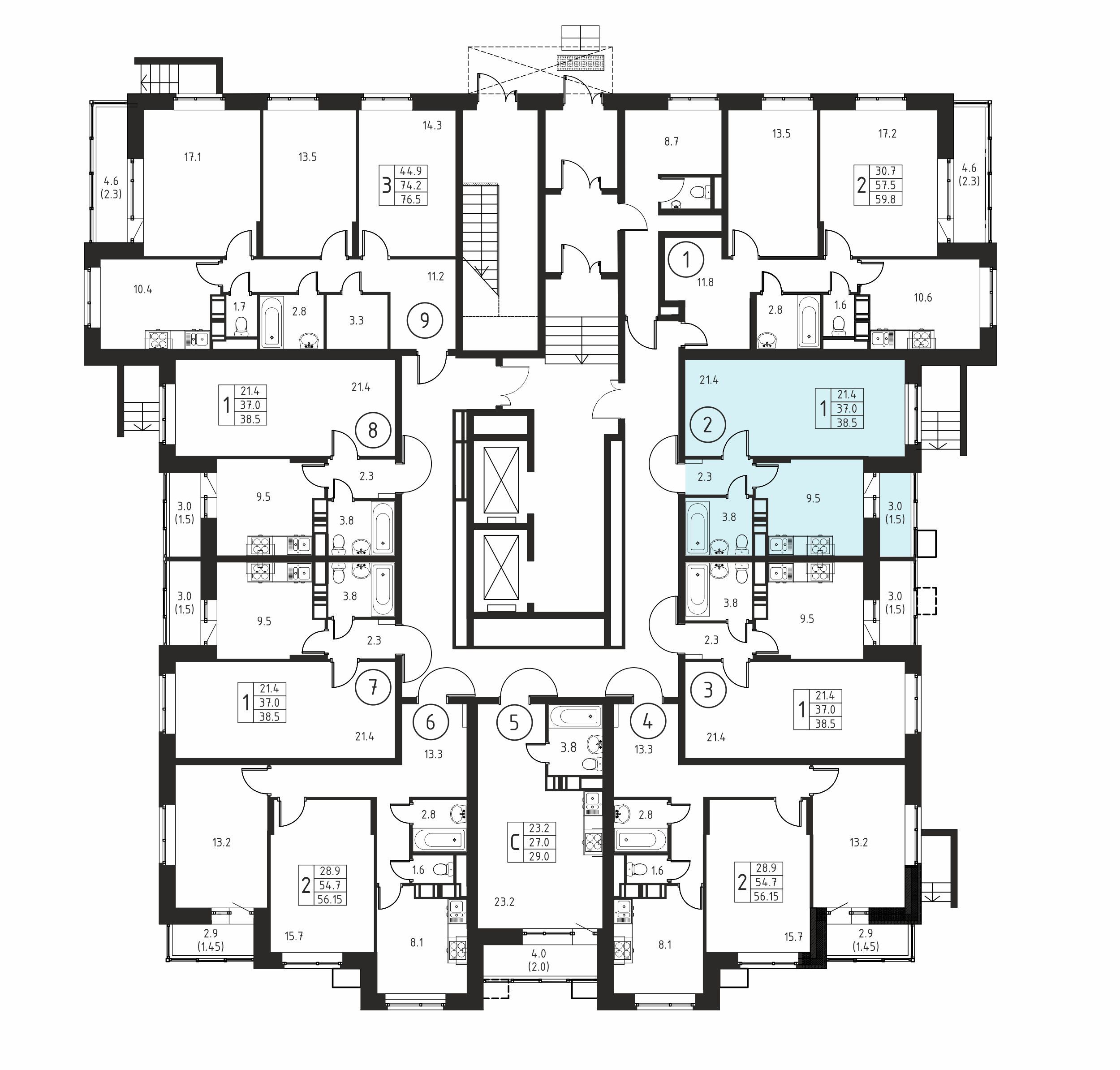 1-комнатная квартира №2, 38,5 м² за 5,74 млн руб. в ЖК «Космос» - планировка