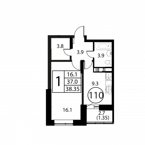 1-комнатная, квартира, 38.35 м²