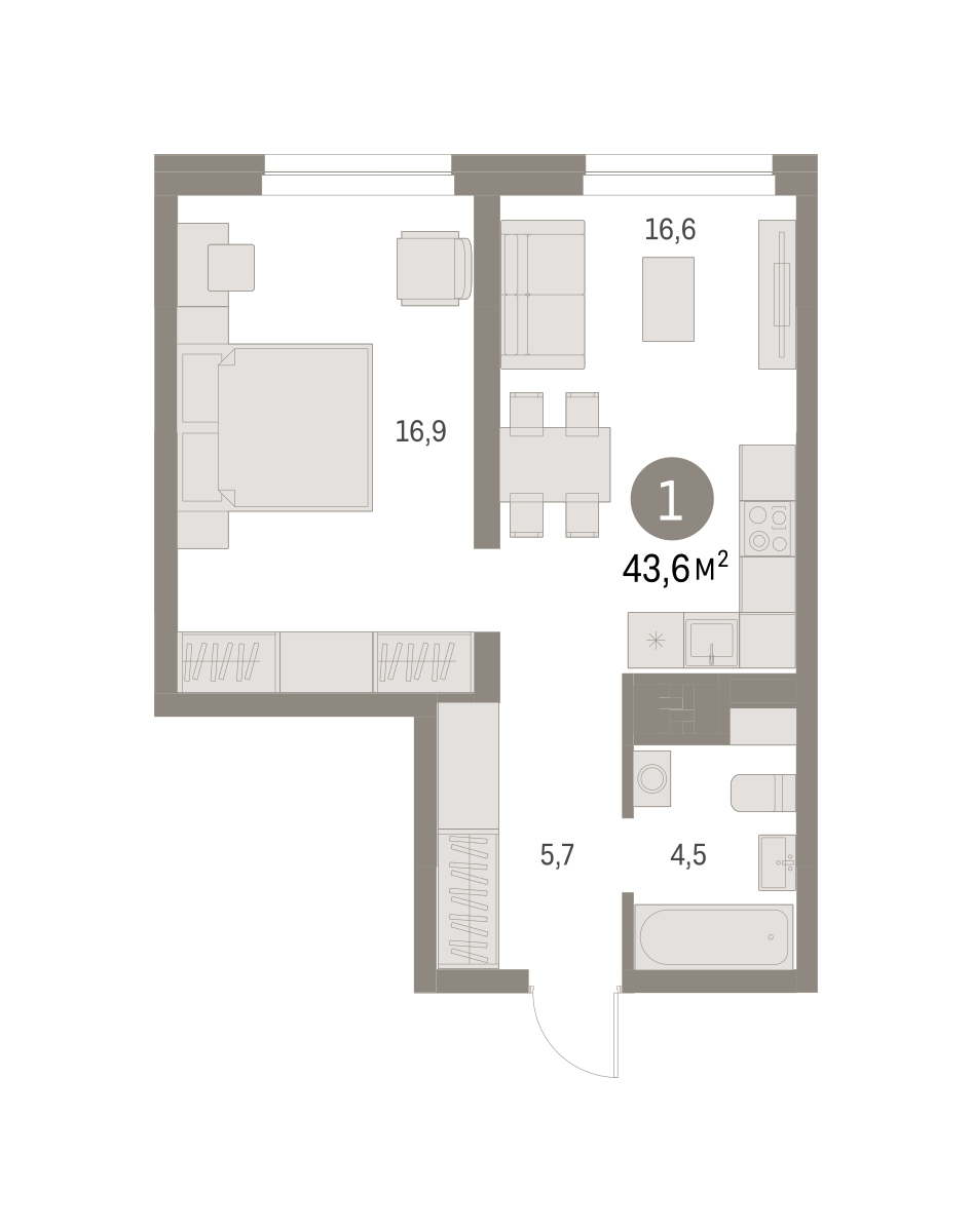 1-комнатная квартира №95, 43,6 м² за 8,16 млн руб. в ЖК «Первый квартал» - планировка