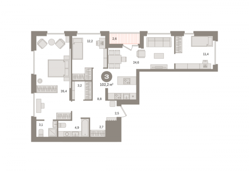 3-комнатная, квартира, 102.21 м²