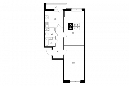 2-комнатная, квартира, 61.5 м²