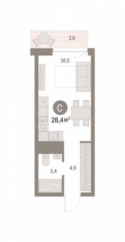 Студия, 28.39 м²