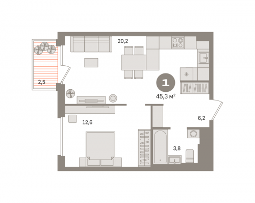 1-комнатная, квартира, 45.26 м²