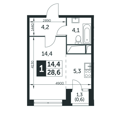 Студия, 28.5 м²