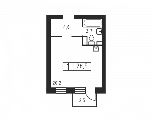 1-комнатная, 28.5 м²