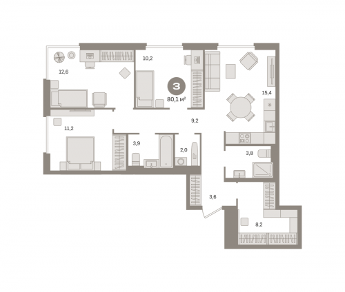 3-комнатная, квартира, 80.09 м²