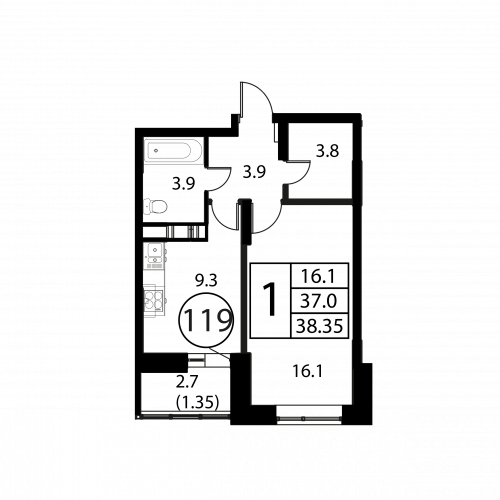 1-комнатная, квартира, 38.35 м²