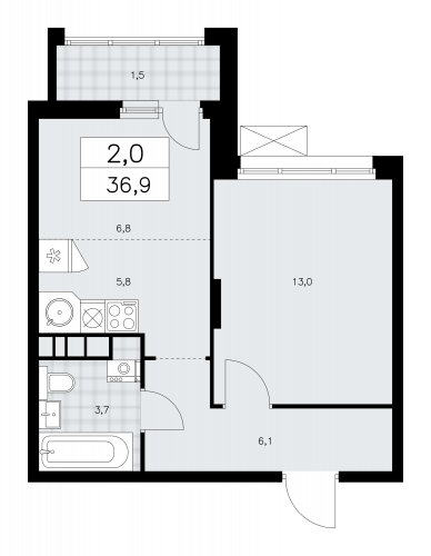 2-комнатная, 36.9 м²