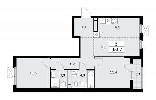 3-комнатная, 60.7 м²