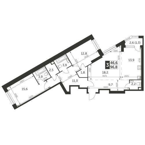 3-комнатная, квартира, 96.8 м²