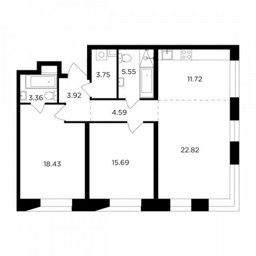 3-комнатная, 89.83 м²