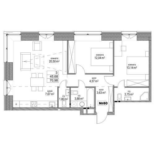 3-комнатная, квартира, 71.54 м²