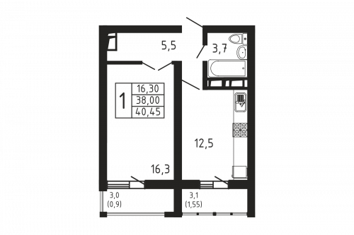 1-комнатная, квартира, 40.45 м²