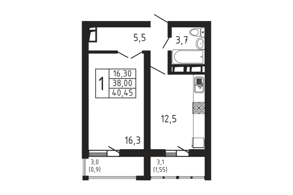 1-комнатная, квартира, 40.45 м²