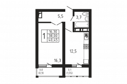 1-комнатная квартира 40,45 м²