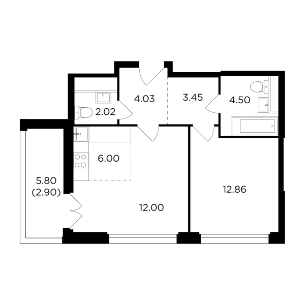 2-комнатная квартира №59, 47,8 м² за 24,96 млн руб. в ЖК «RiverSky» - планировка