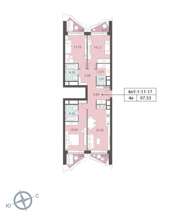 3-комнатная, квартира, 97.53 м²