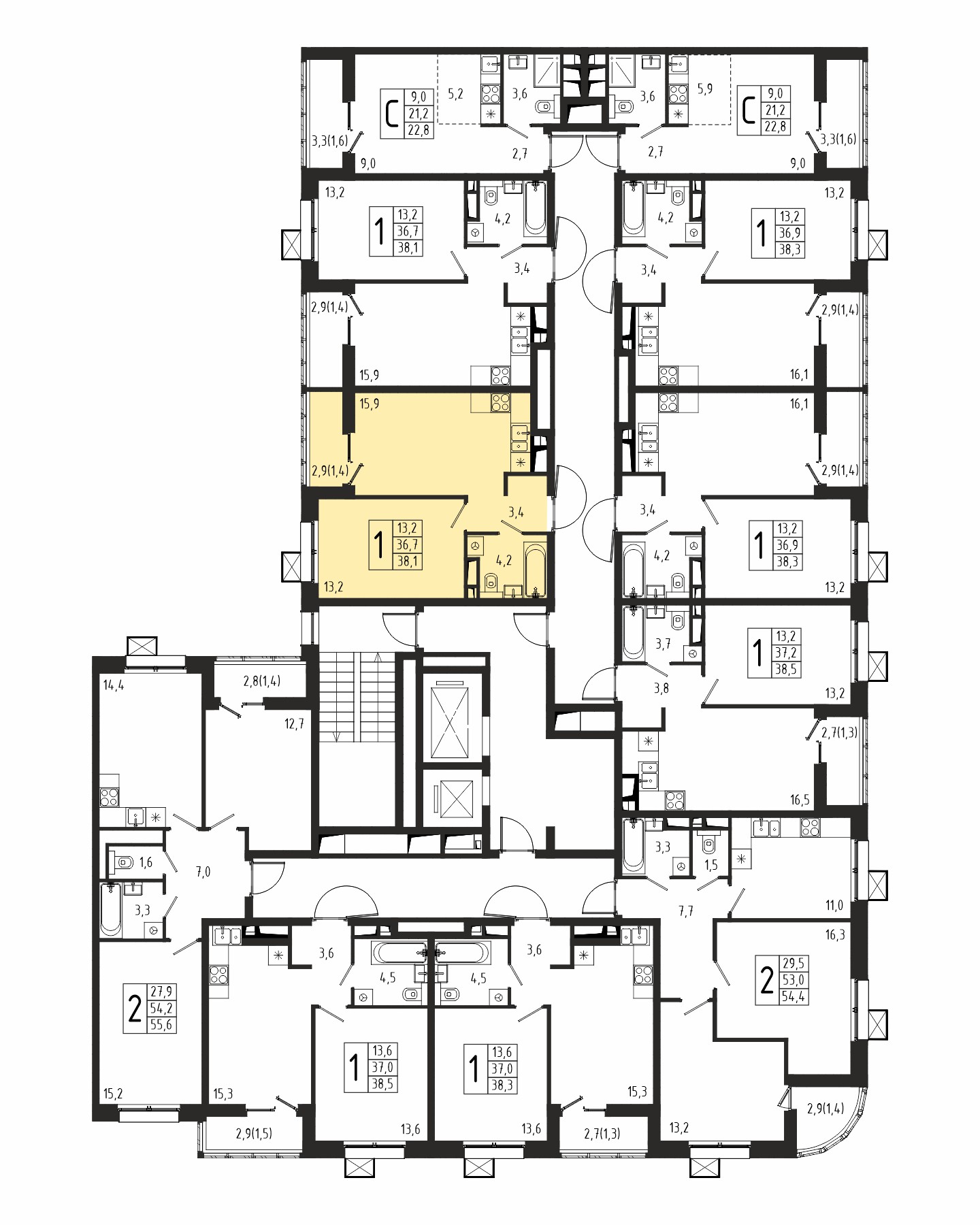 1-комнатная квартира №174, 38,1 м² за 6,19 млн руб. в ЖК «Берег» 2 очередь - планировка