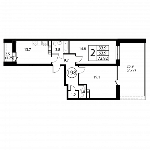2-комнатная, квартира, 72.92 м²