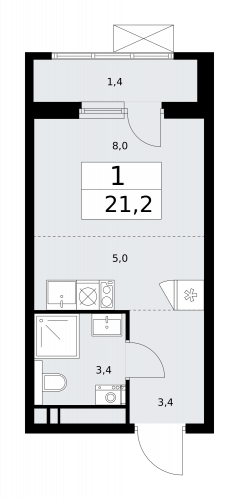 1-комнатная, 21.2 м²