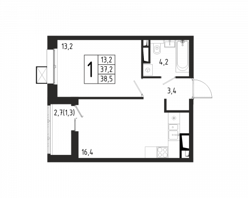 1-комнатная, квартира, 38.5 м²