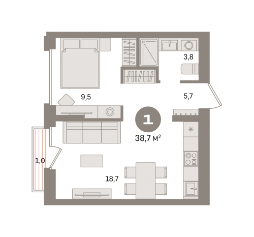 1-комнатная, квартира, 38.71 м²