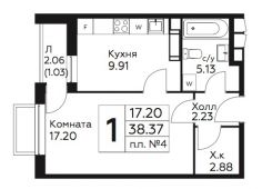 1-комнатная квартира 38,37 м²