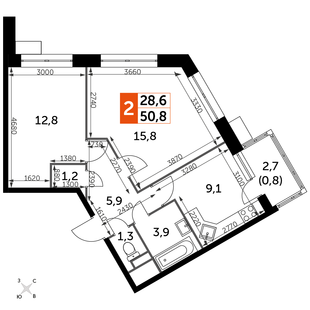2-комнатная квартира №1154, 50,8 м² за 10,82 млн руб. в ЖК «Датский квартал» - планировка