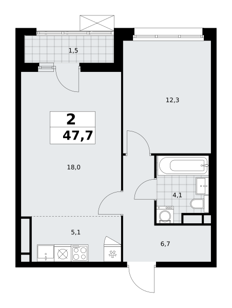 2-комнатная квартира №58К-7.1.4-653, 47,7 м² за 13,87 млн руб. в ЖК «Прокшино» - планировка
