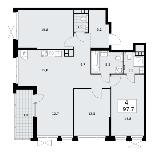 Многокомнатная, 97.7 м²