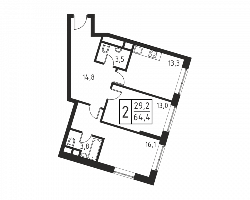 2-комнатная, квартира, 64.5 м²