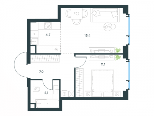 2-комнатная, 42.3 м²