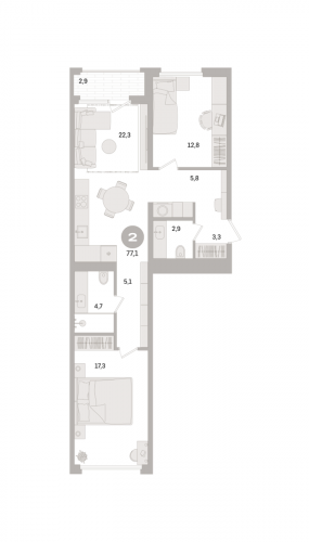 2-комнатная, квартира, 77.1 м²