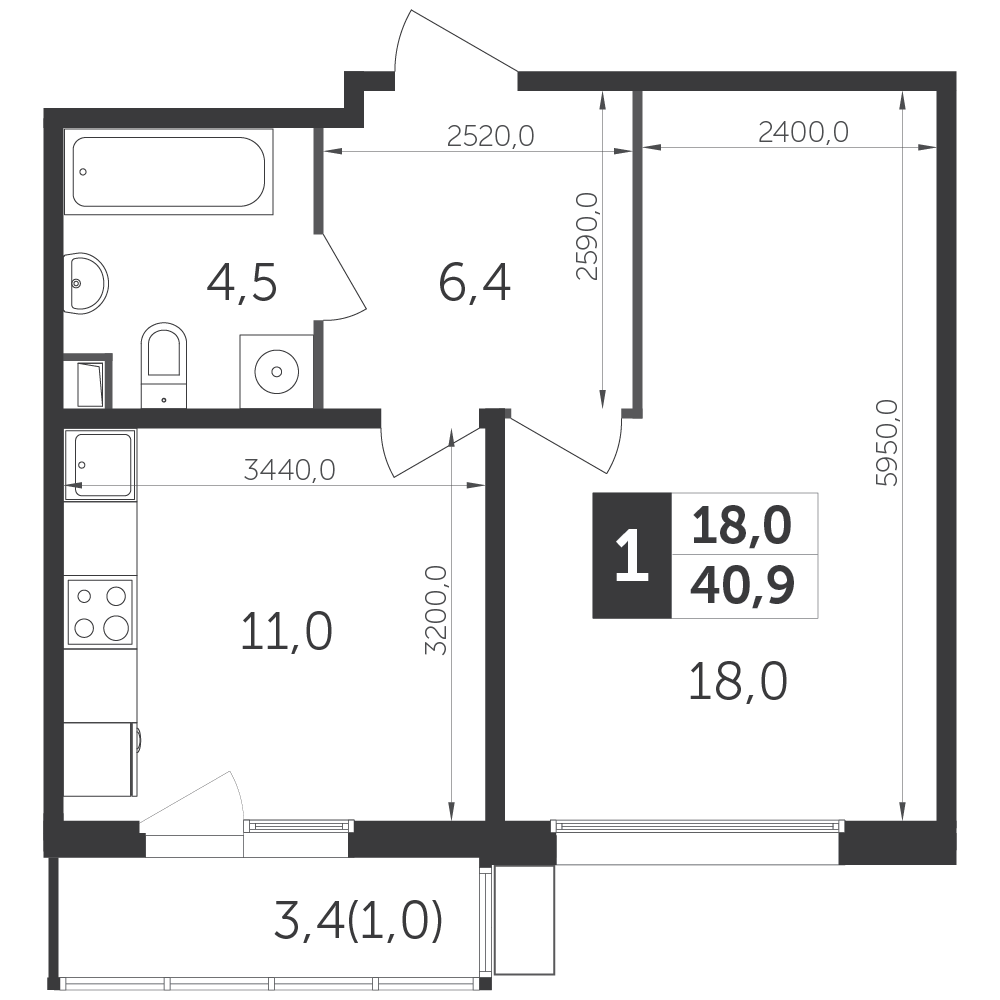 1-комнатная квартира №643, 40,9 м² за 9,36 млн руб. в ЖК «Датский квартал» - планировка