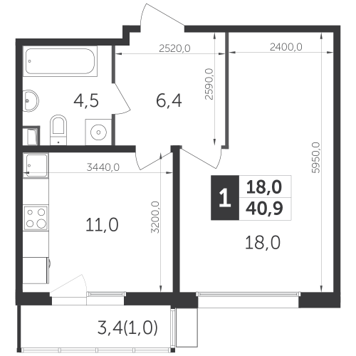 1-комнатная, квартира, 40.9 м²