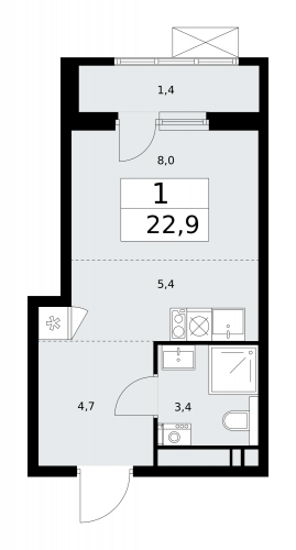 1-комнатная, 22.9 м²
