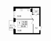 1-комнатная квартира 35,5 м²