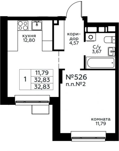 1-комнатная, 32.83 м²